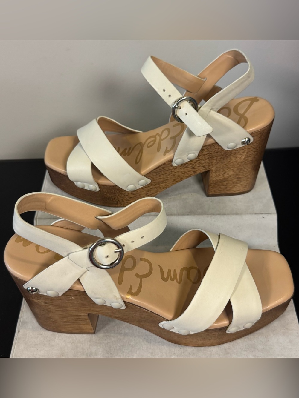 Sam Edelman Cream Leather Platform Sandals with Wood Block Heel, size 9, NWOT - Picture 2 of 7
